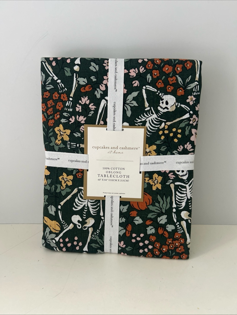 Cupcakes and Cashmere Halloween Skeleton Cotton Tablecloth - Dark Green Floral